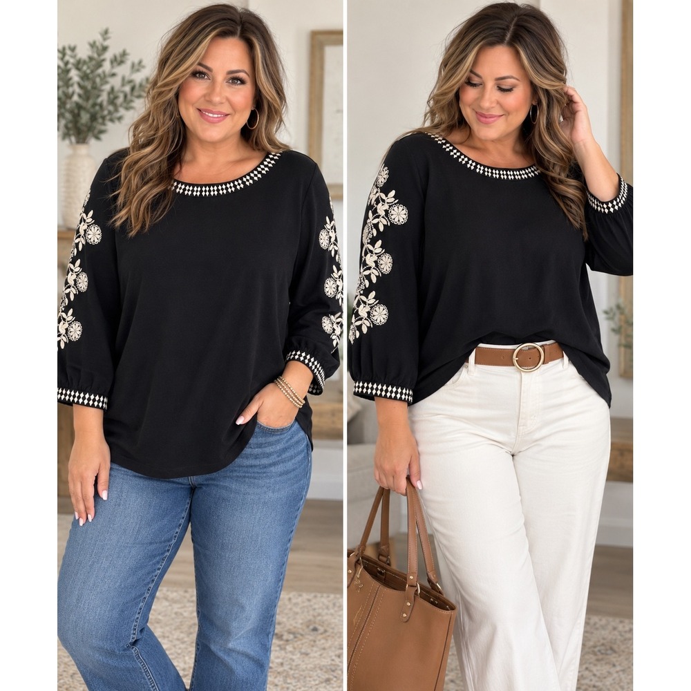 Pure Jill Organic Cotton Embroidered Top Black Ivory 3/4 Sleeve XL